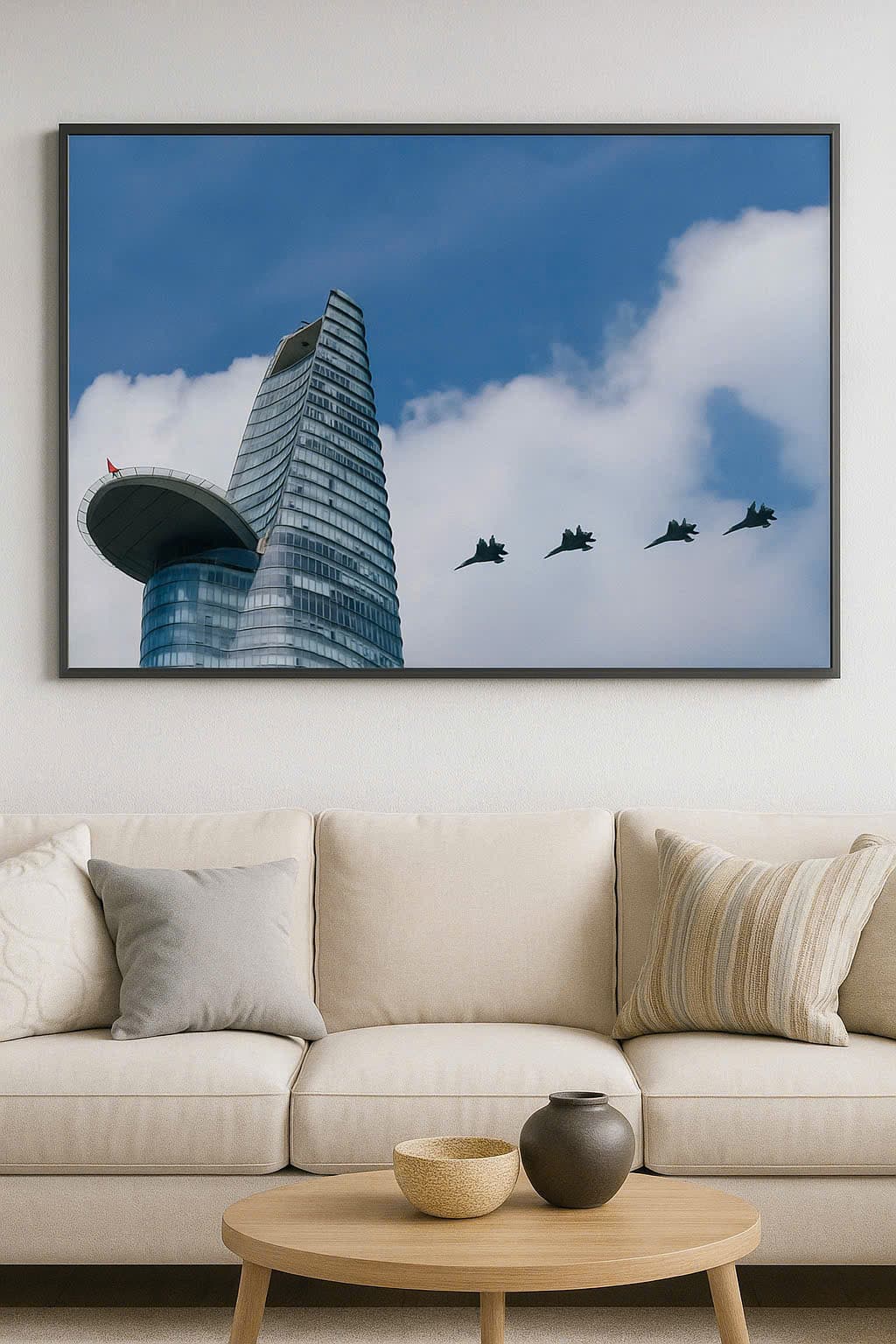 Tranh toà nhà Bitexco Sài Gòn và đội máy bay – phong cảnh Tp.HCM hiện đại